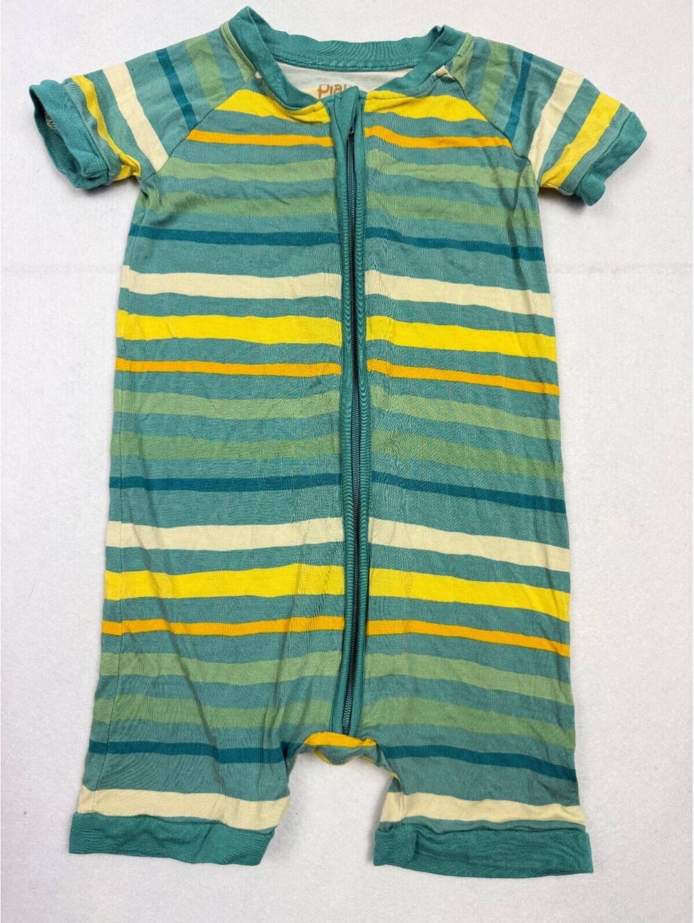 Play by Little Sleepies Zip Romper Size 12 18 Months Teal Yellow Striped Shortie